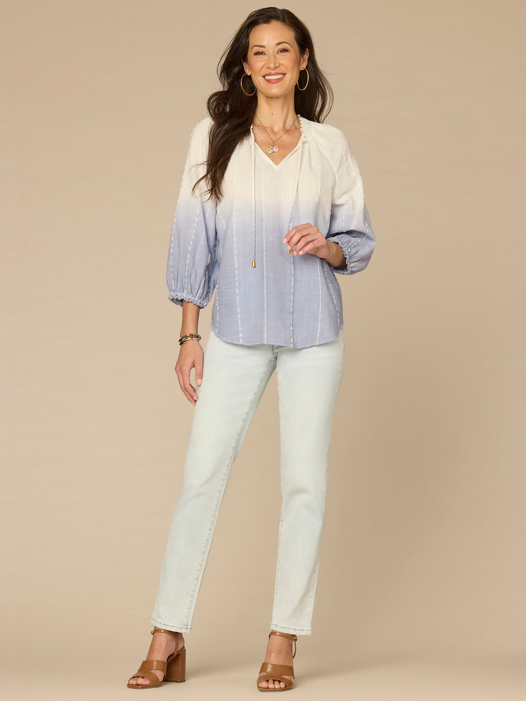 Blouson Sleeve Split Neck Ombre Petite Woven Top with Tie