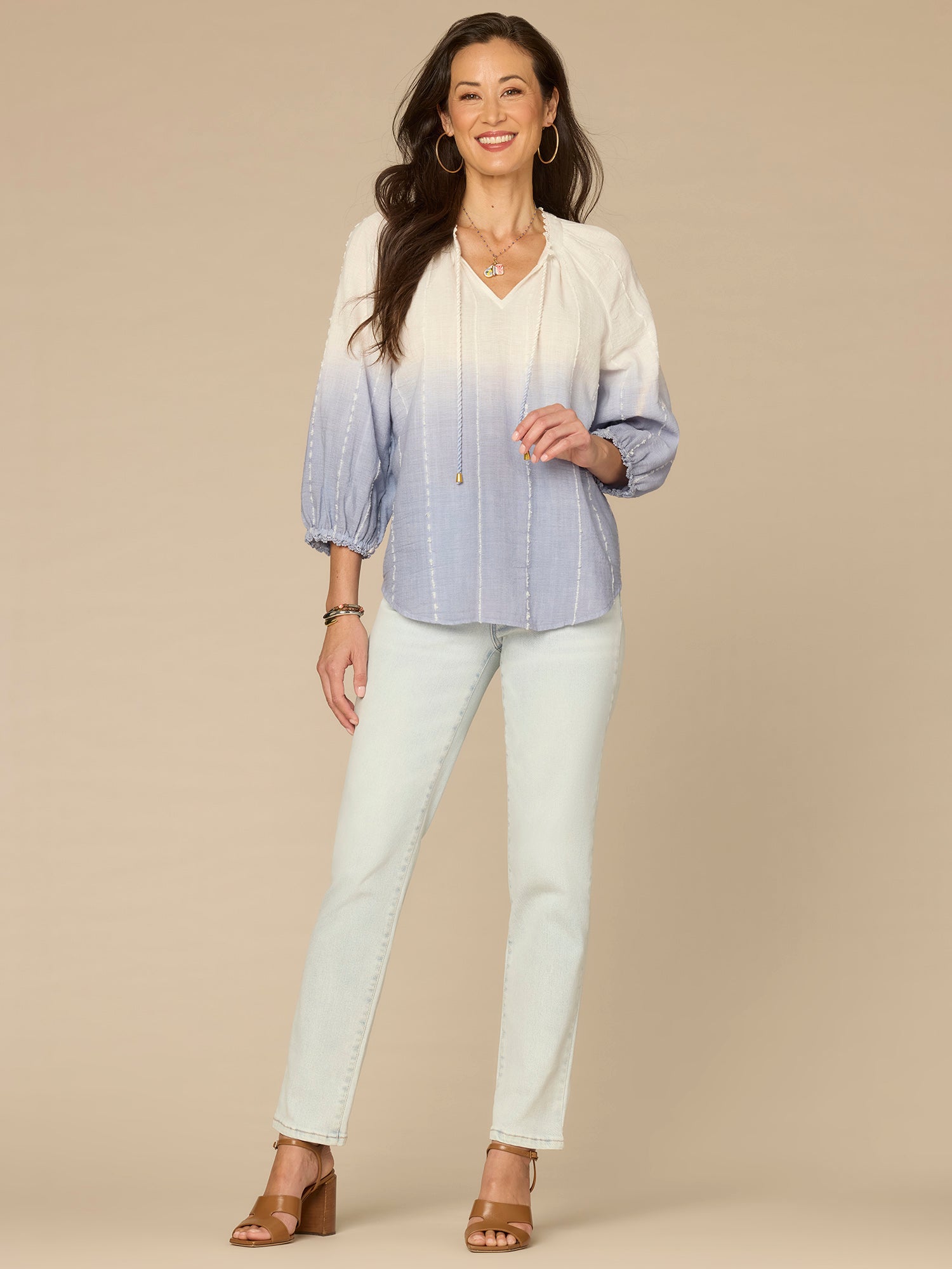 Blouson Sleeve Split Neck Ombre Petite Woven Top with Tie