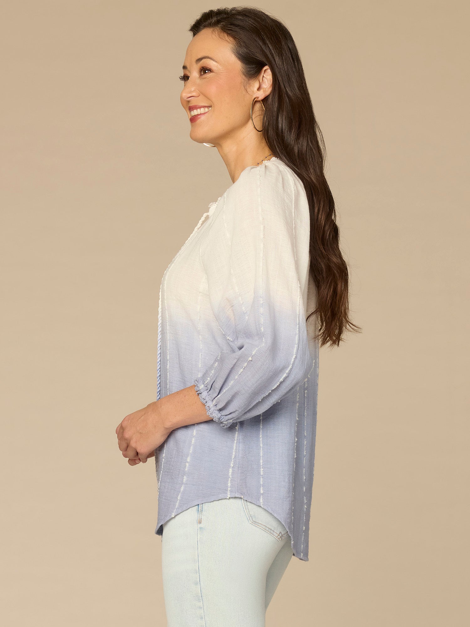 Blouson Sleeve Split Neck Ombre Petite Woven Top with Tie