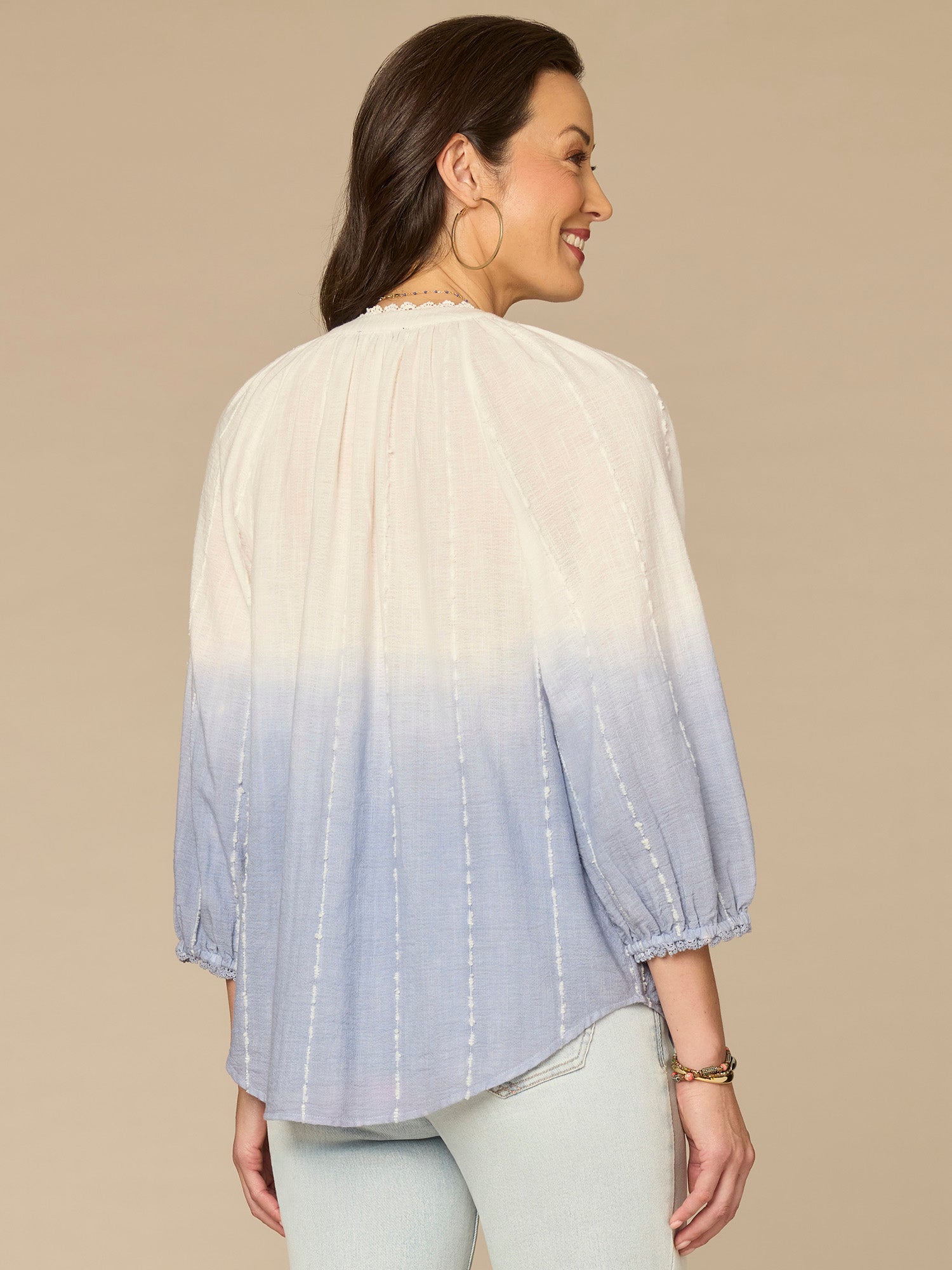 Blouson Sleeve Split Neck Ombre Petite Woven Top with Tie