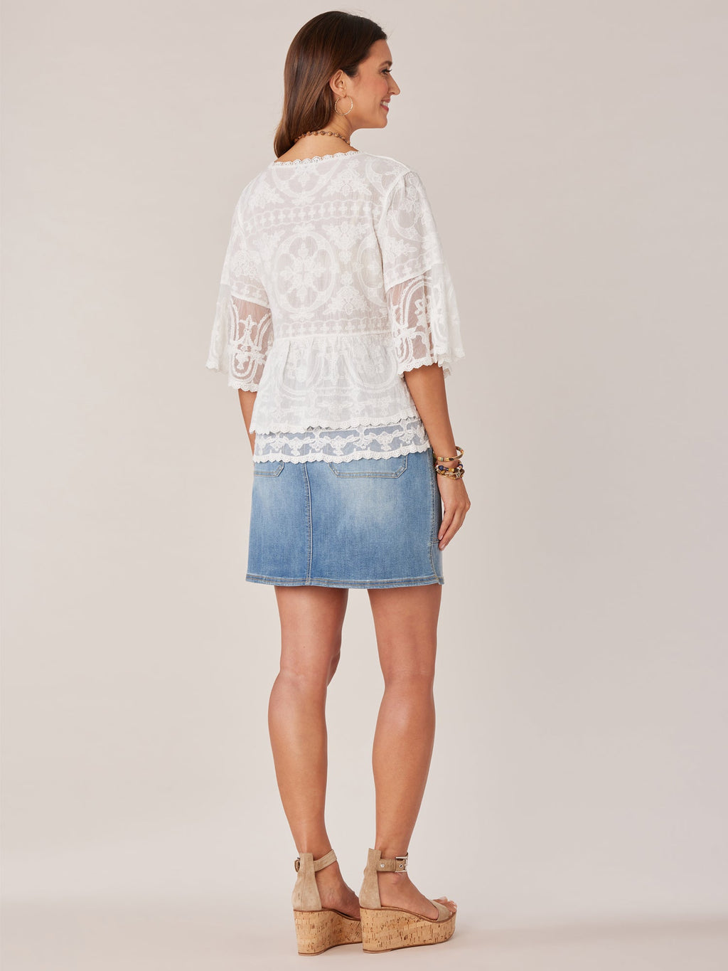 Bell Sleeve Scoop Neck Double Flounce Peplum Petite Hem Woven Top