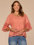 Bell Sleeve Scoop Neck Double Flounce Peplum Petite Hem Woven Top