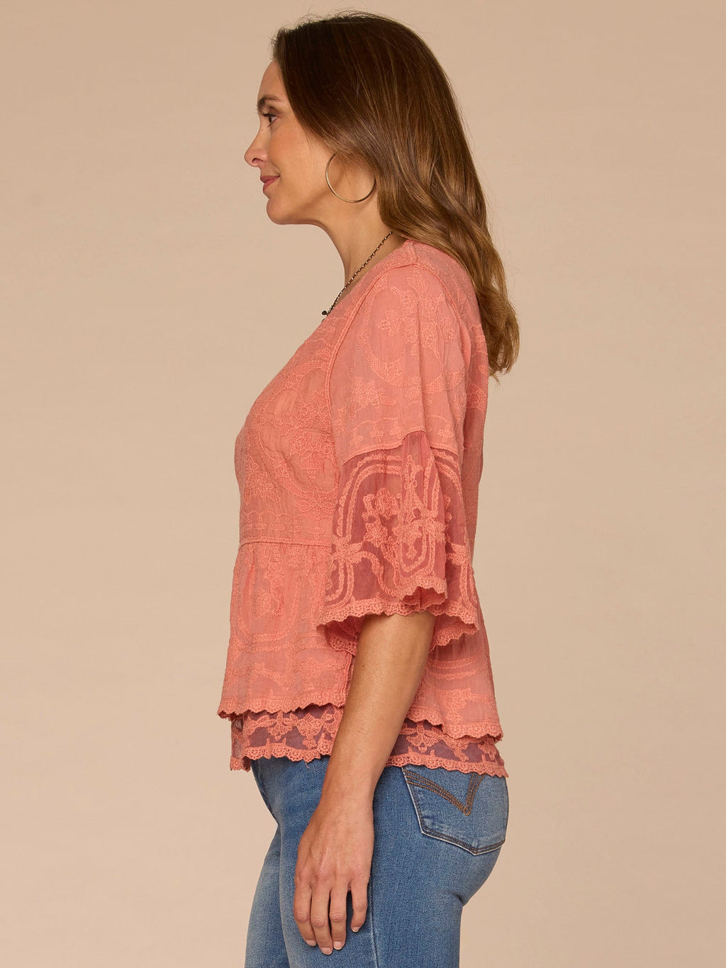 Bell Sleeve Scoop Neck Double Flounce Peplum Petite Hem Woven Top