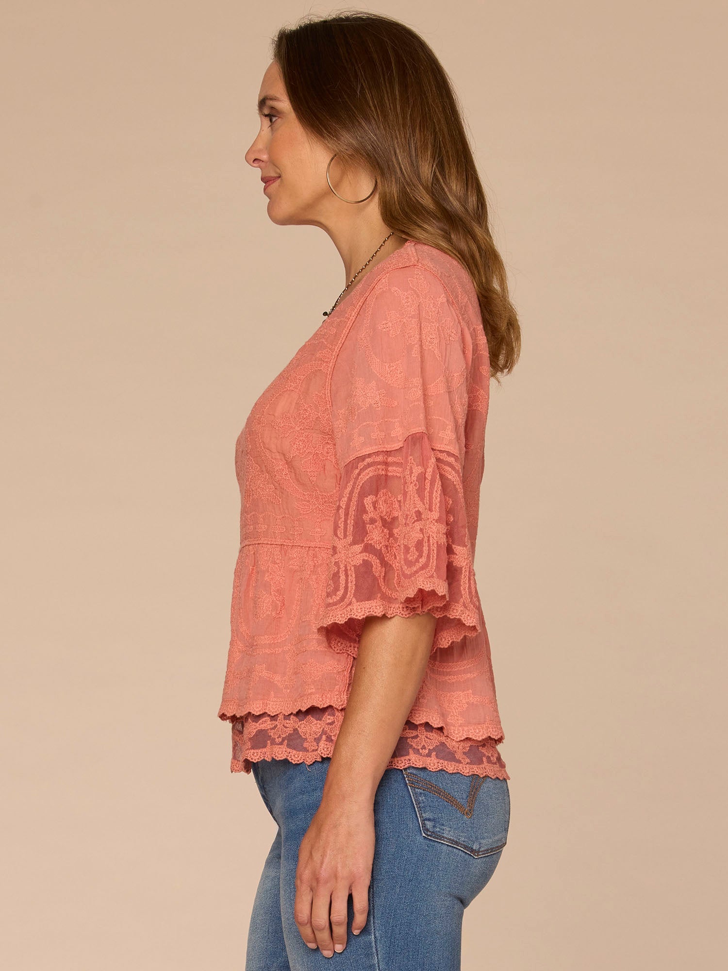 Bell Sleeve Scoop Neck Double Flounce Peplum Petite Hem Woven Top
