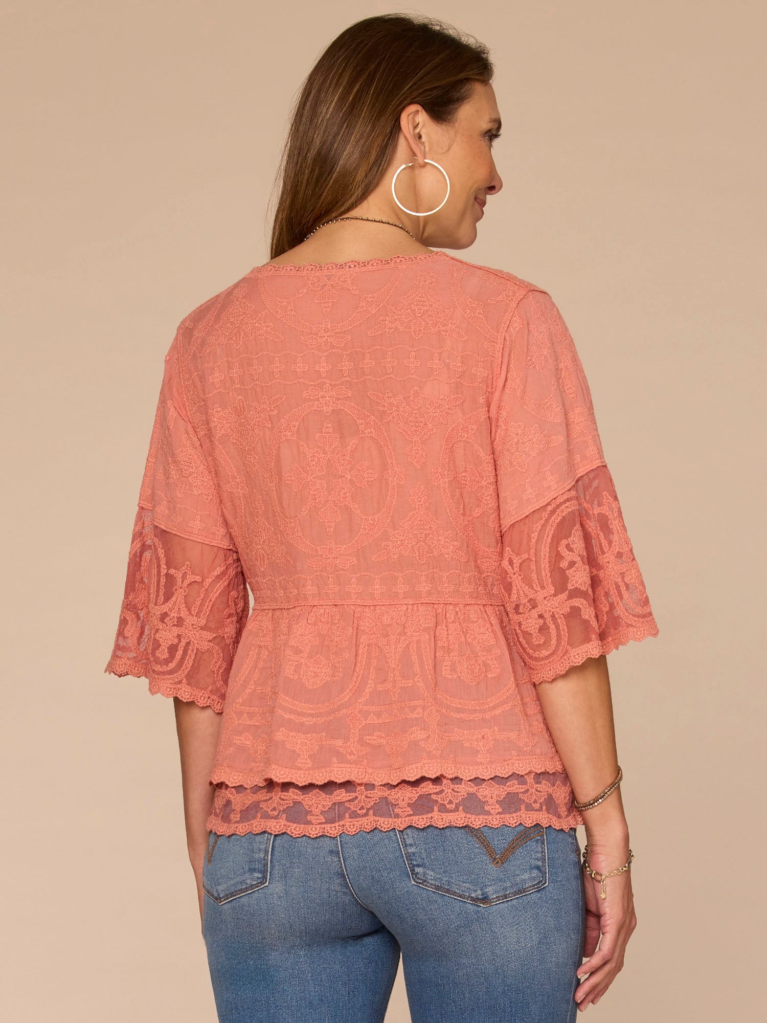Bell Sleeve Scoop Neck Double Flounce Peplum Petite Hem Woven Top