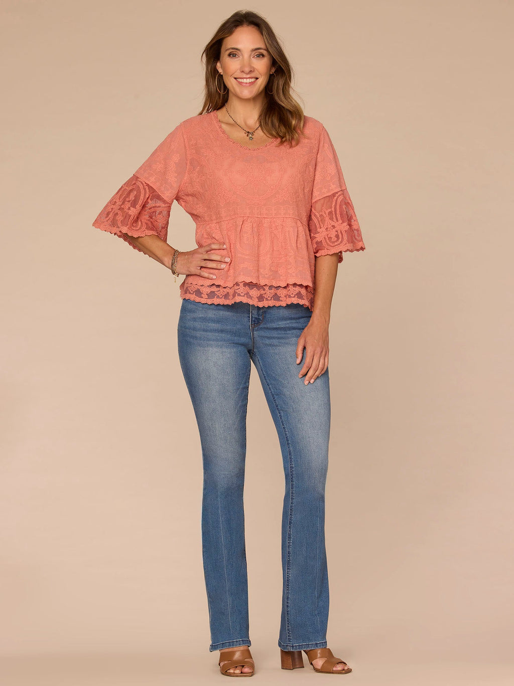 Bell Sleeve Scoop Neck Double Flounce Peplum Petite Hem Woven Top