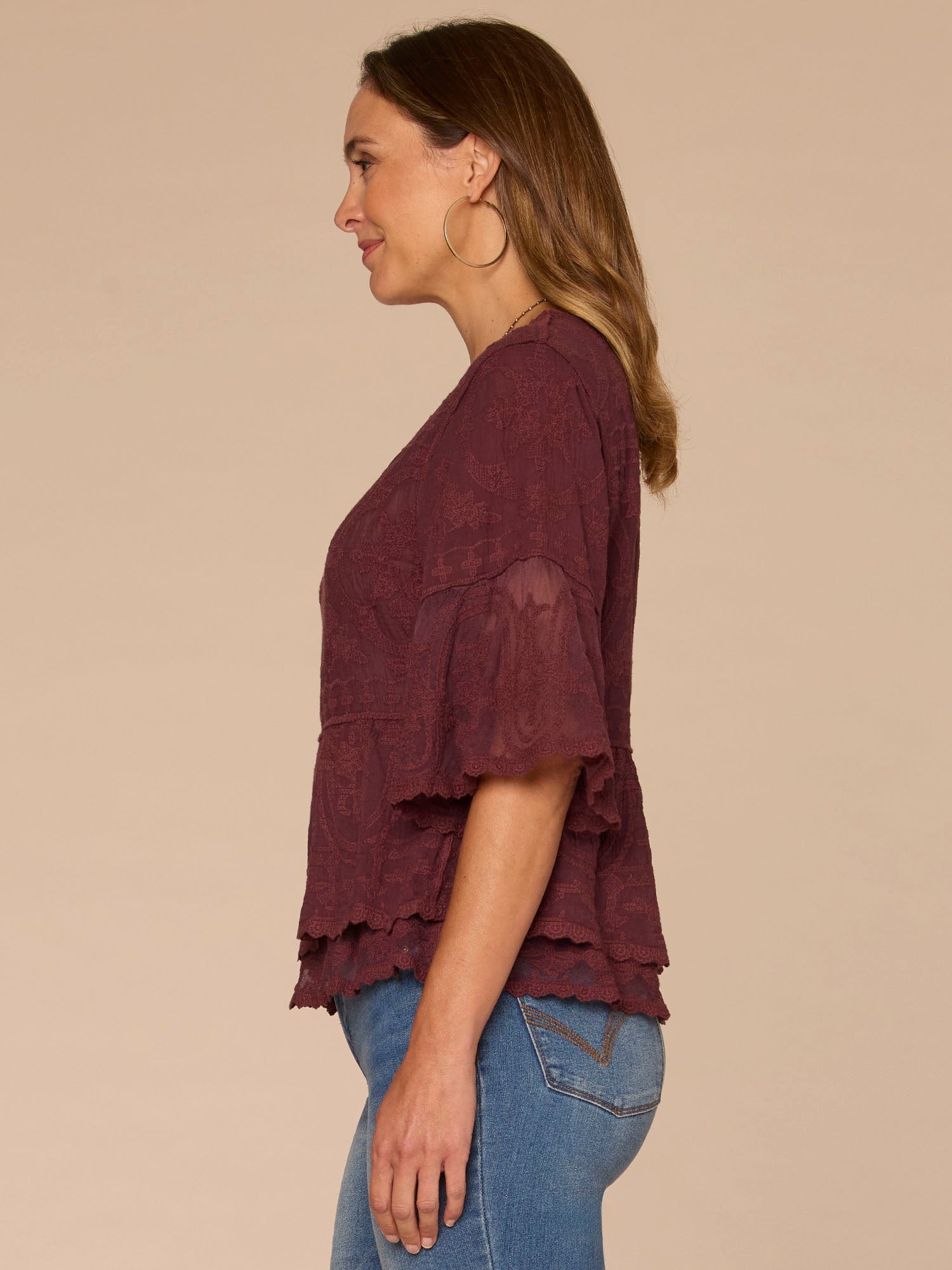 Bell Sleeve Scoop Neck Double Flounce Peplum Petite Hem Woven Top