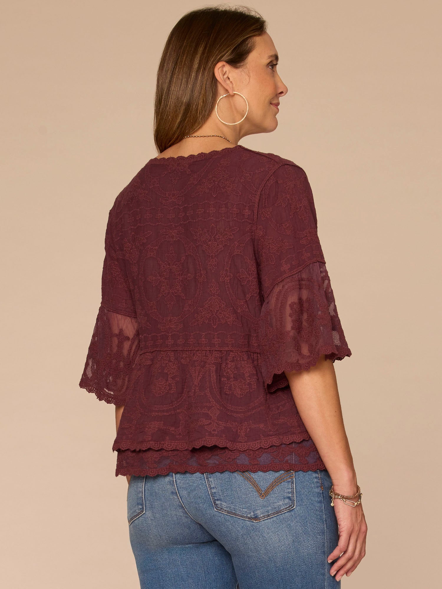 Bell Sleeve Scoop Neck Double Flounce Peplum Petite Hem Woven Top