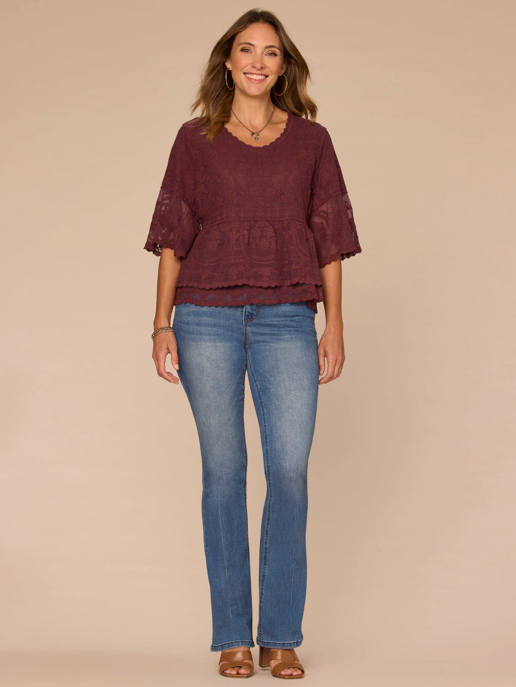 Bell Sleeve Scoop Neck Double Flounce Peplum Petite Hem Woven Top