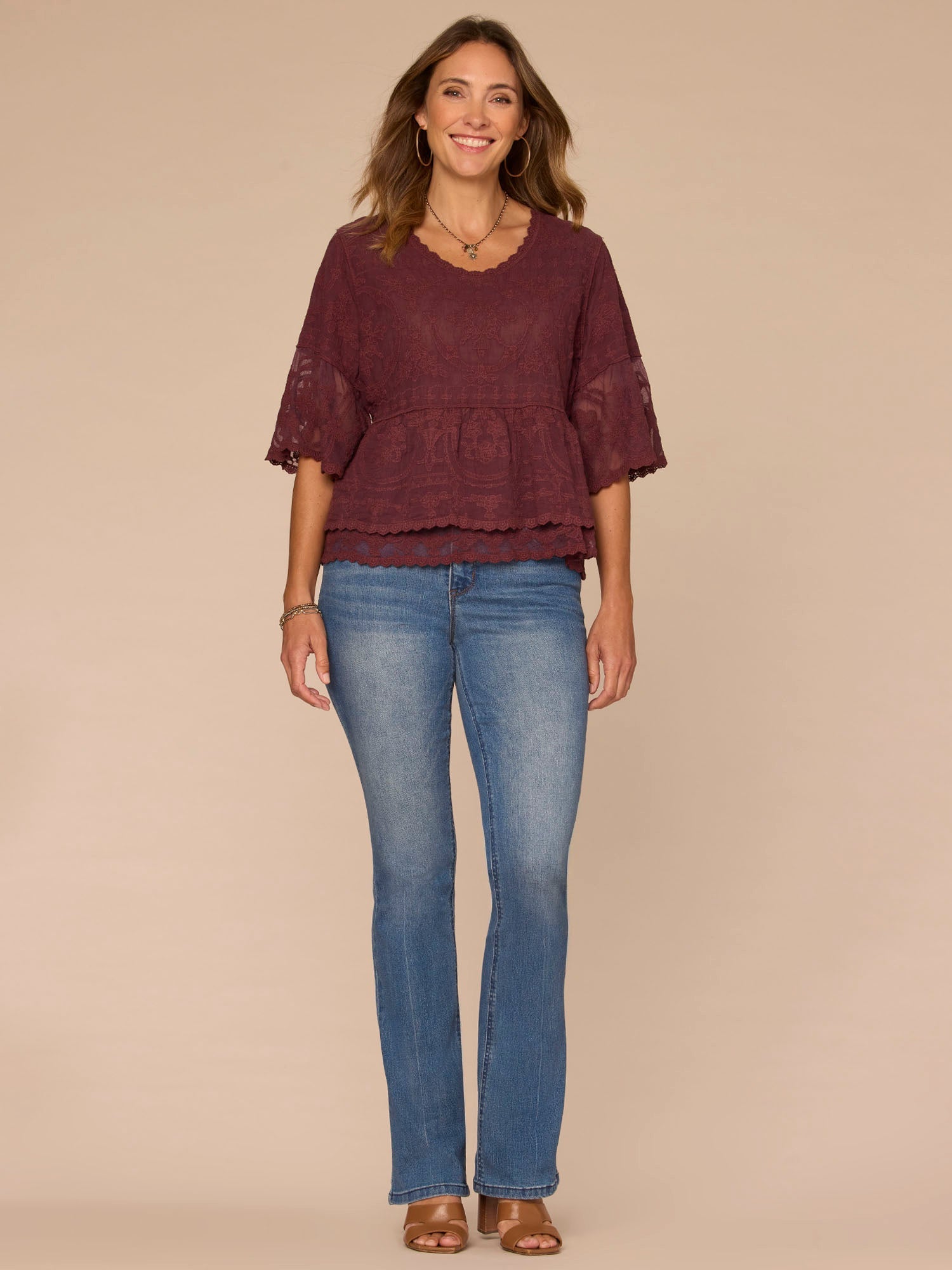 Bell Sleeve Scoop Neck Double Flounce Peplum Petite Hem Woven Top