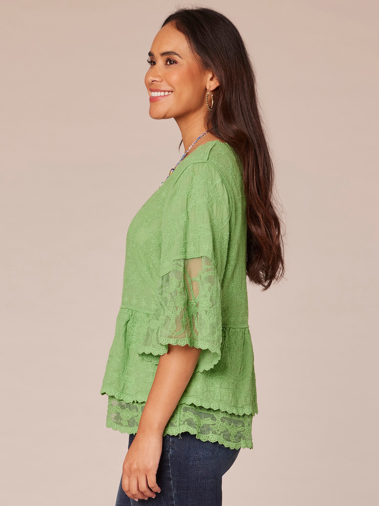 Bell Sleeve Scoop Neck Double Flounce Peplum Petite Hem Woven Top