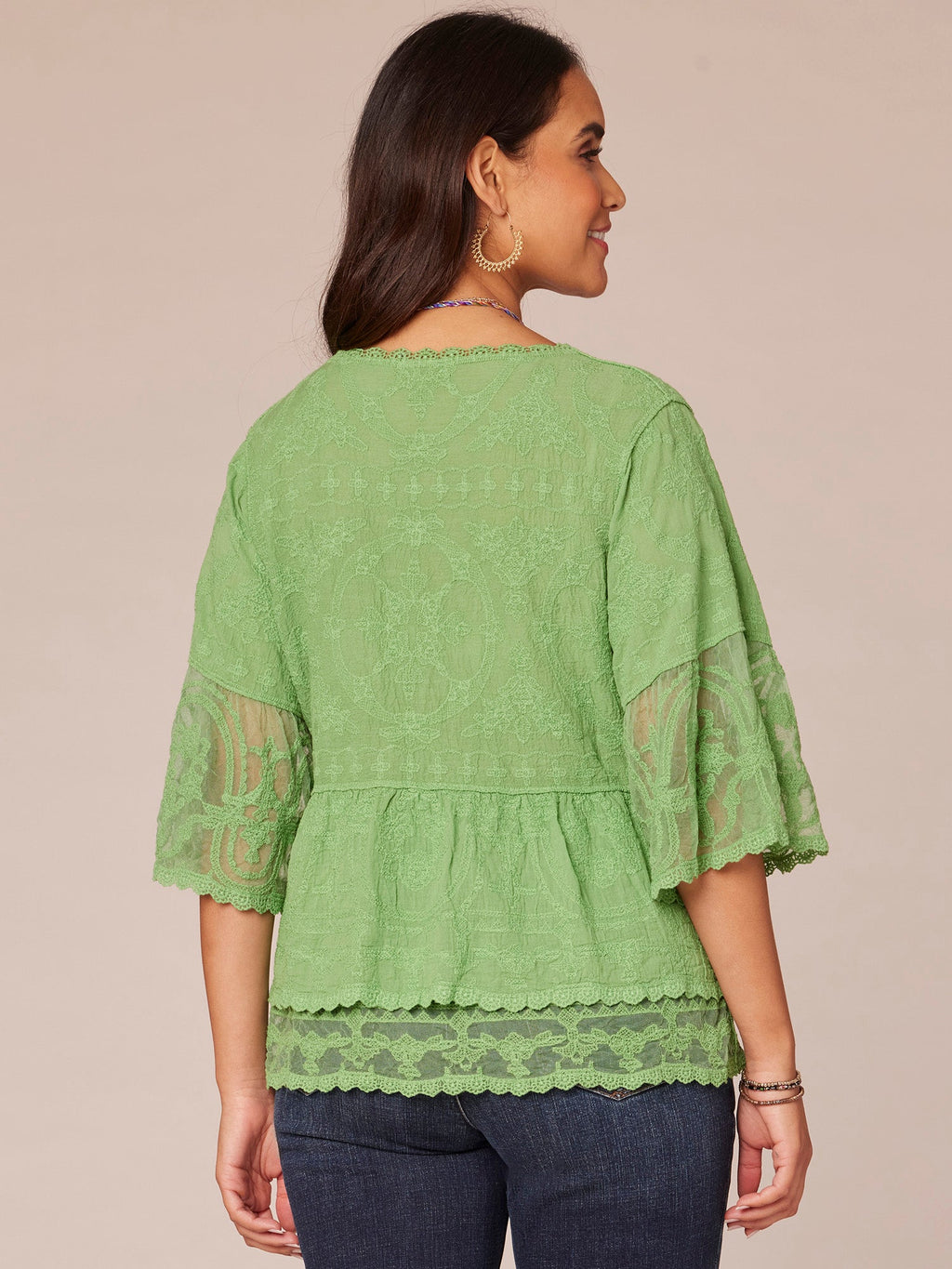 Bell Sleeve Scoop Neck Double Flounce Peplum Petite Hem Woven Top