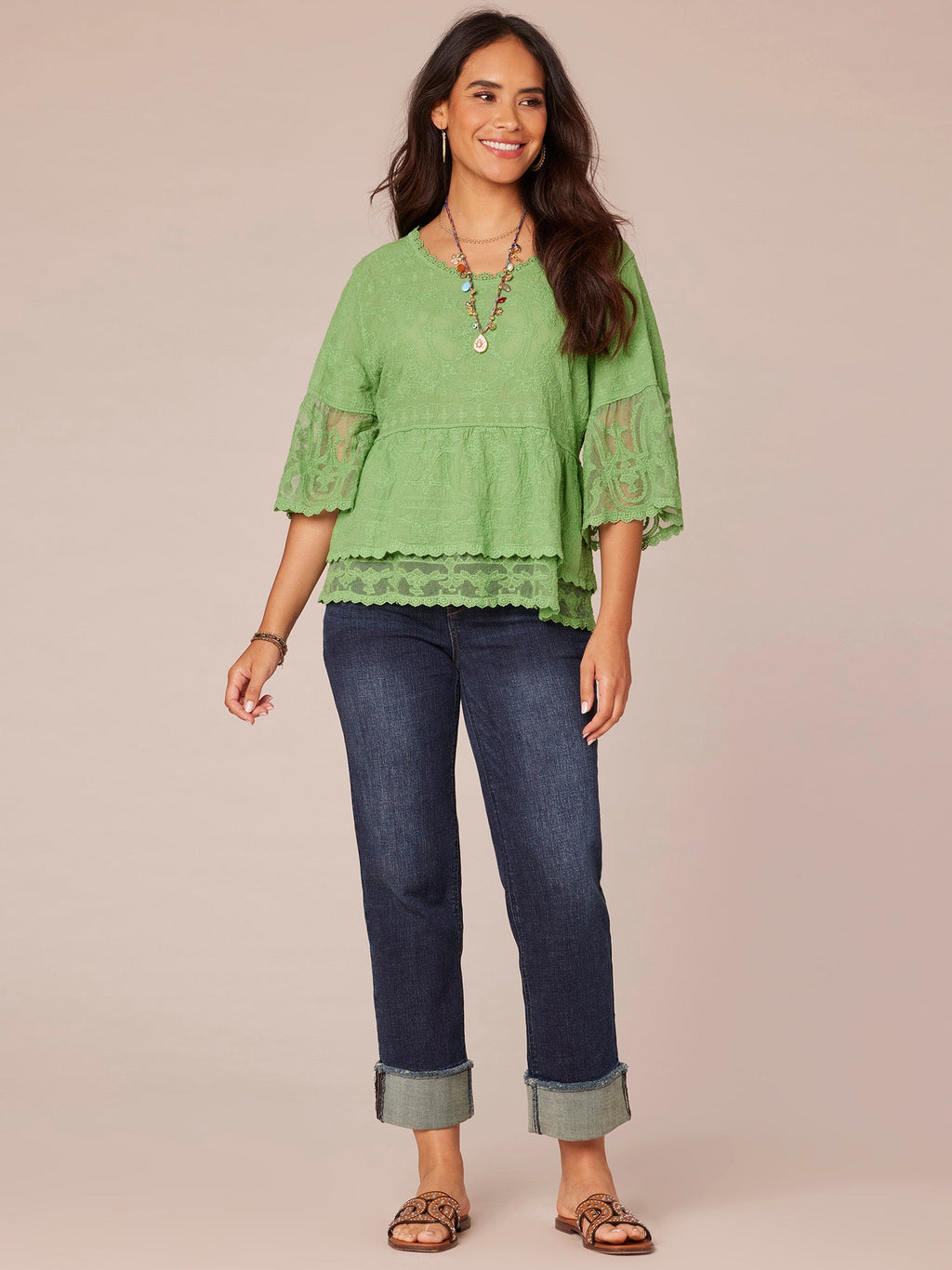 Bell Sleeve Scoop Neck Double Flounce Peplum Petite Hem Woven Top