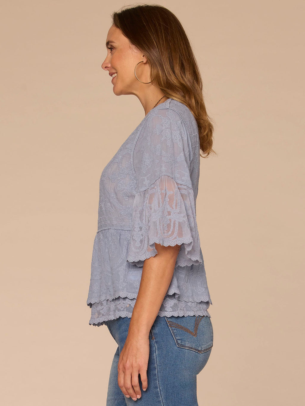 Bell Sleeve Scoop Neck Double Flounce Peplum Petite Hem Woven Top