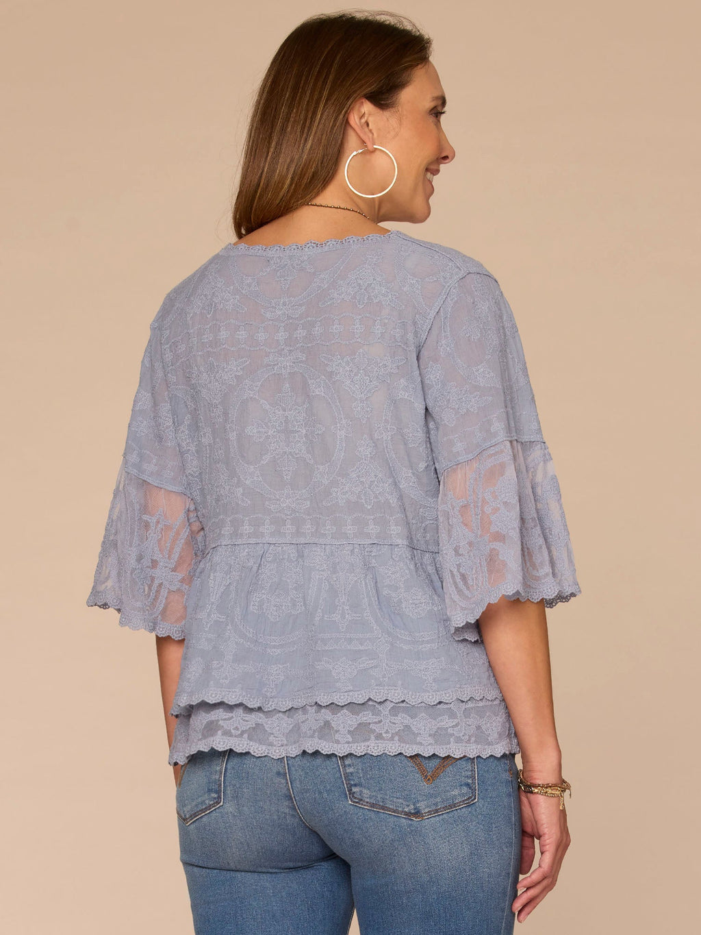 Bell Sleeve Scoop Neck Double Flounce Peplum Petite Hem Woven Top