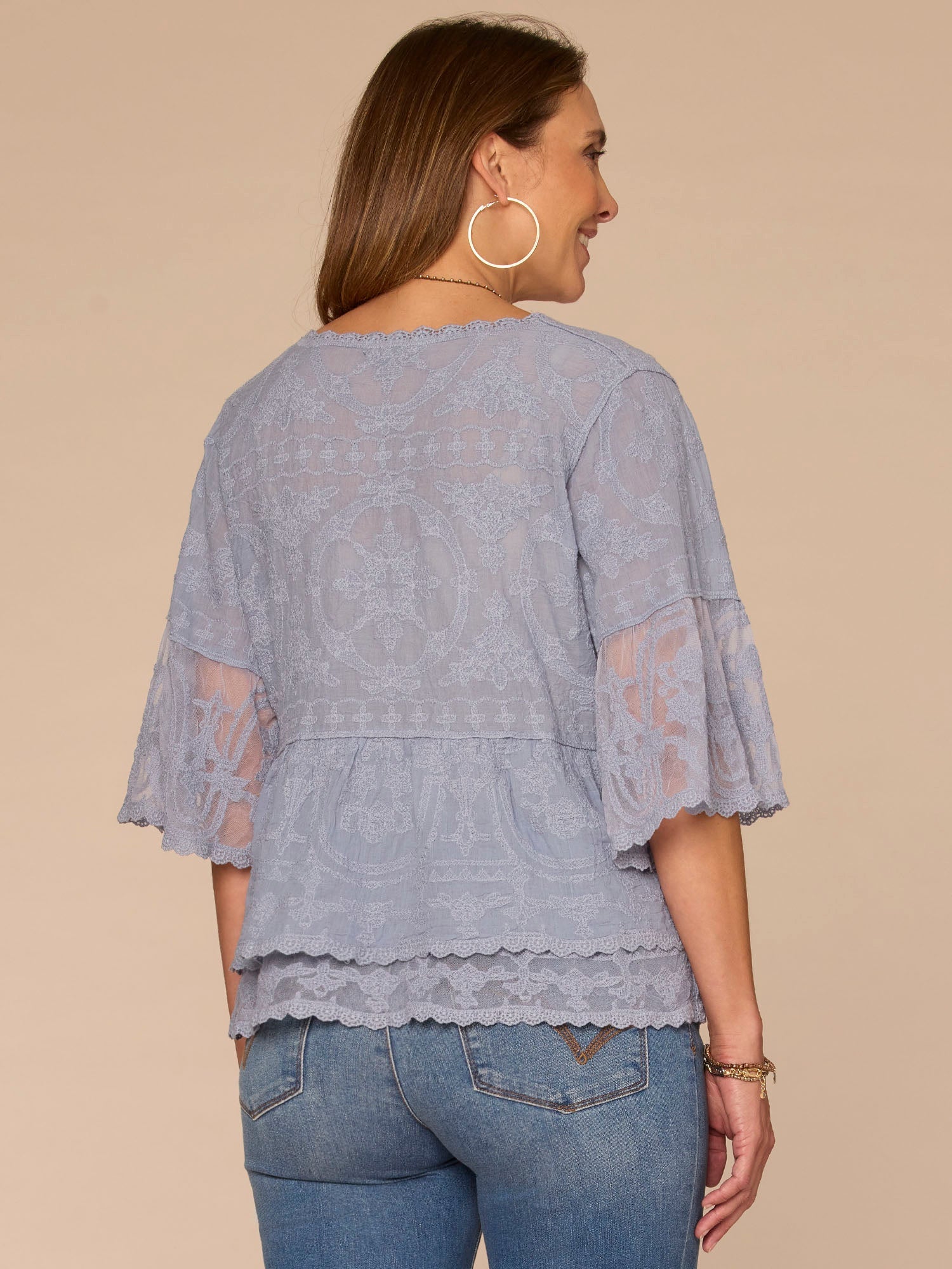 Bell Sleeve Scoop Neck Double Flounce Peplum Petite Hem Woven Top