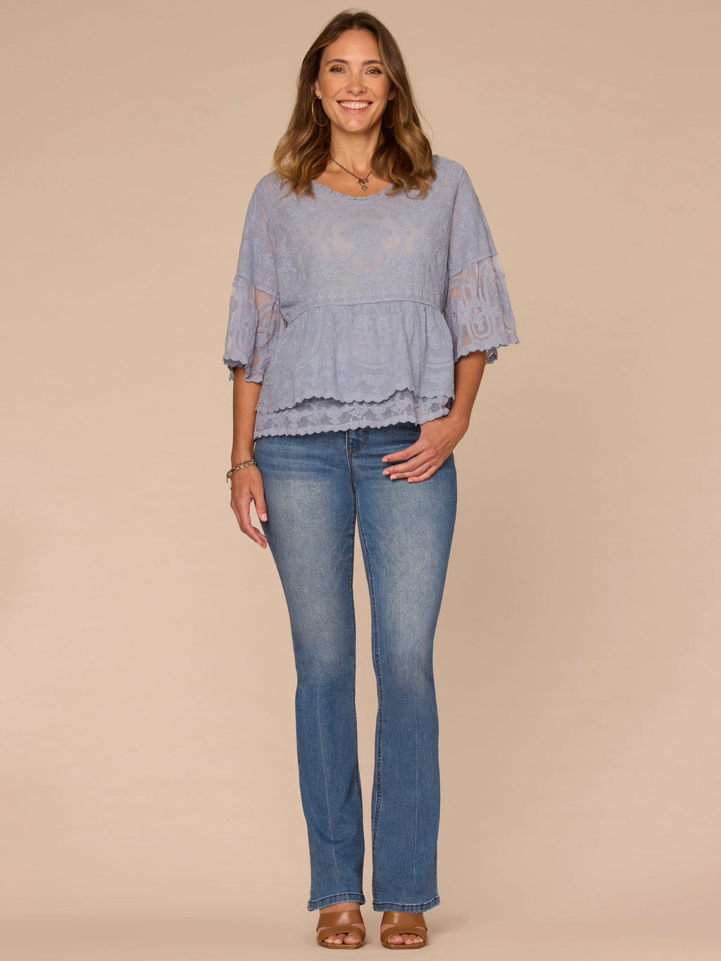 Bell Sleeve Scoop Neck Double Flounce Peplum Petite Hem Woven Top