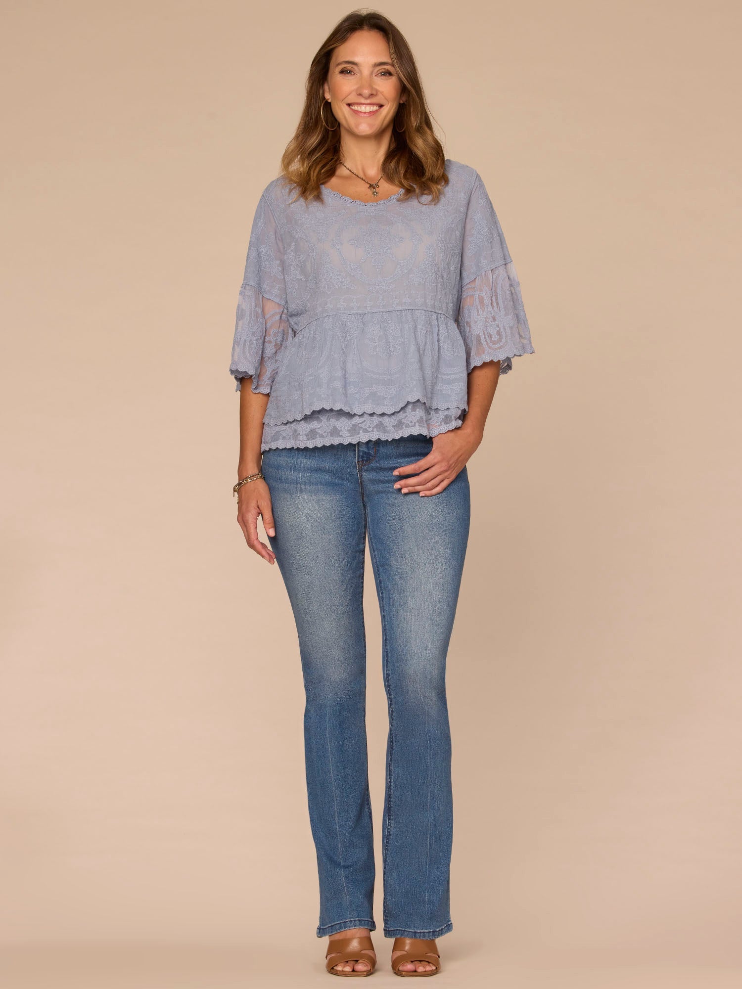 Bell Sleeve Scoop Neck Double Flounce Peplum Petite Hem Woven Top