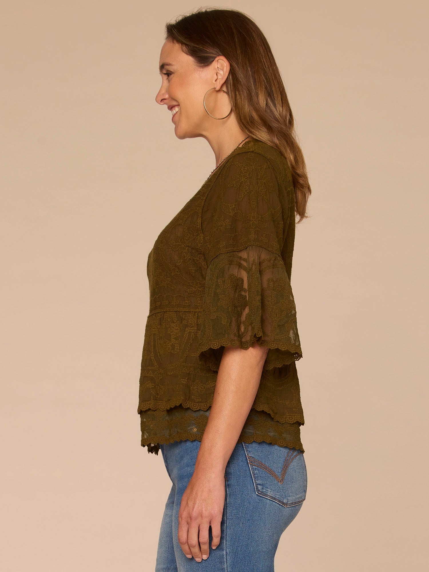 Bell Sleeve Scoop Neck Double Flounce Peplum Petite Hem Woven Top