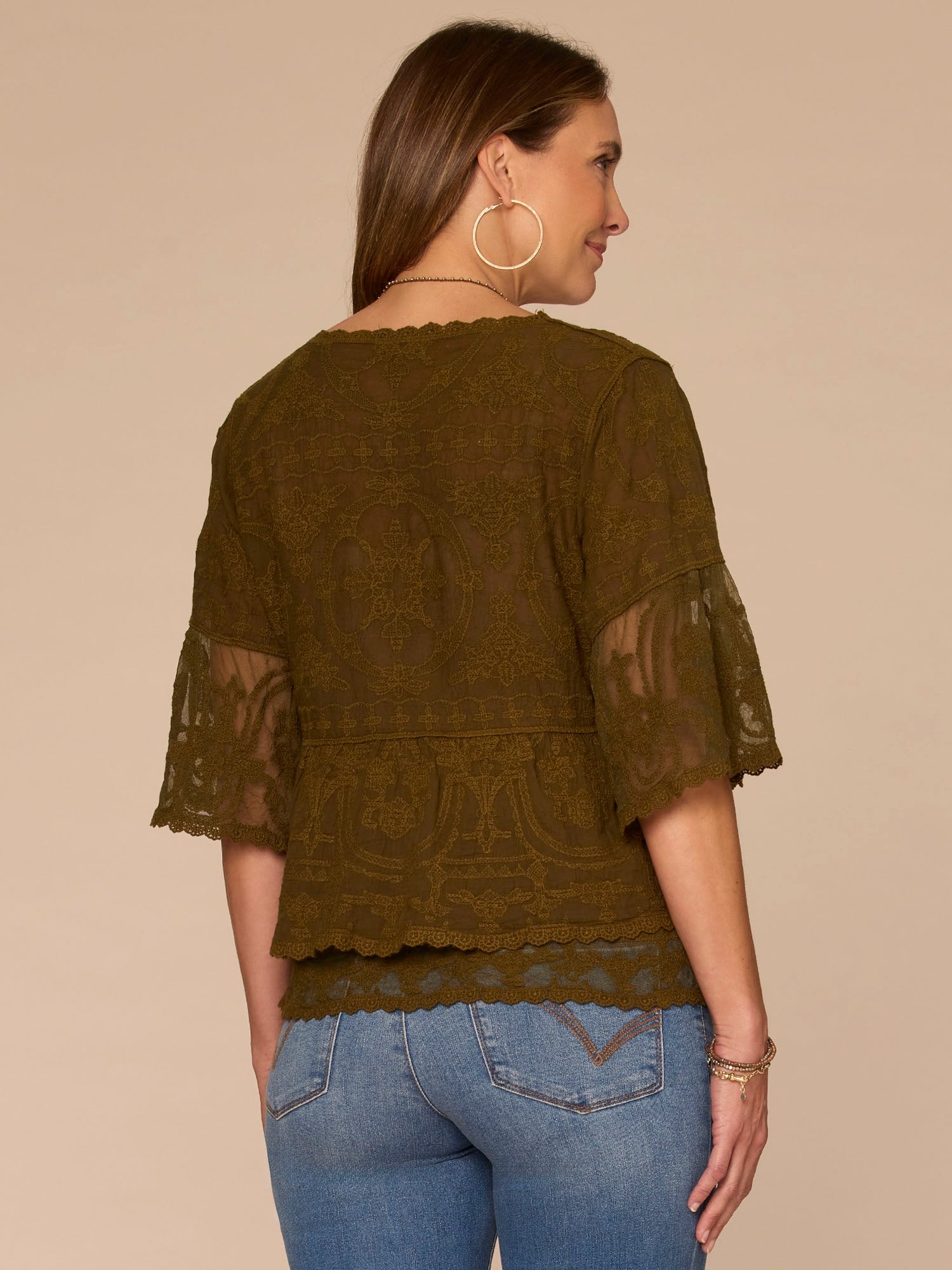 Bell Sleeve Scoop Neck Double Flounce Peplum Petite Hem Woven Top