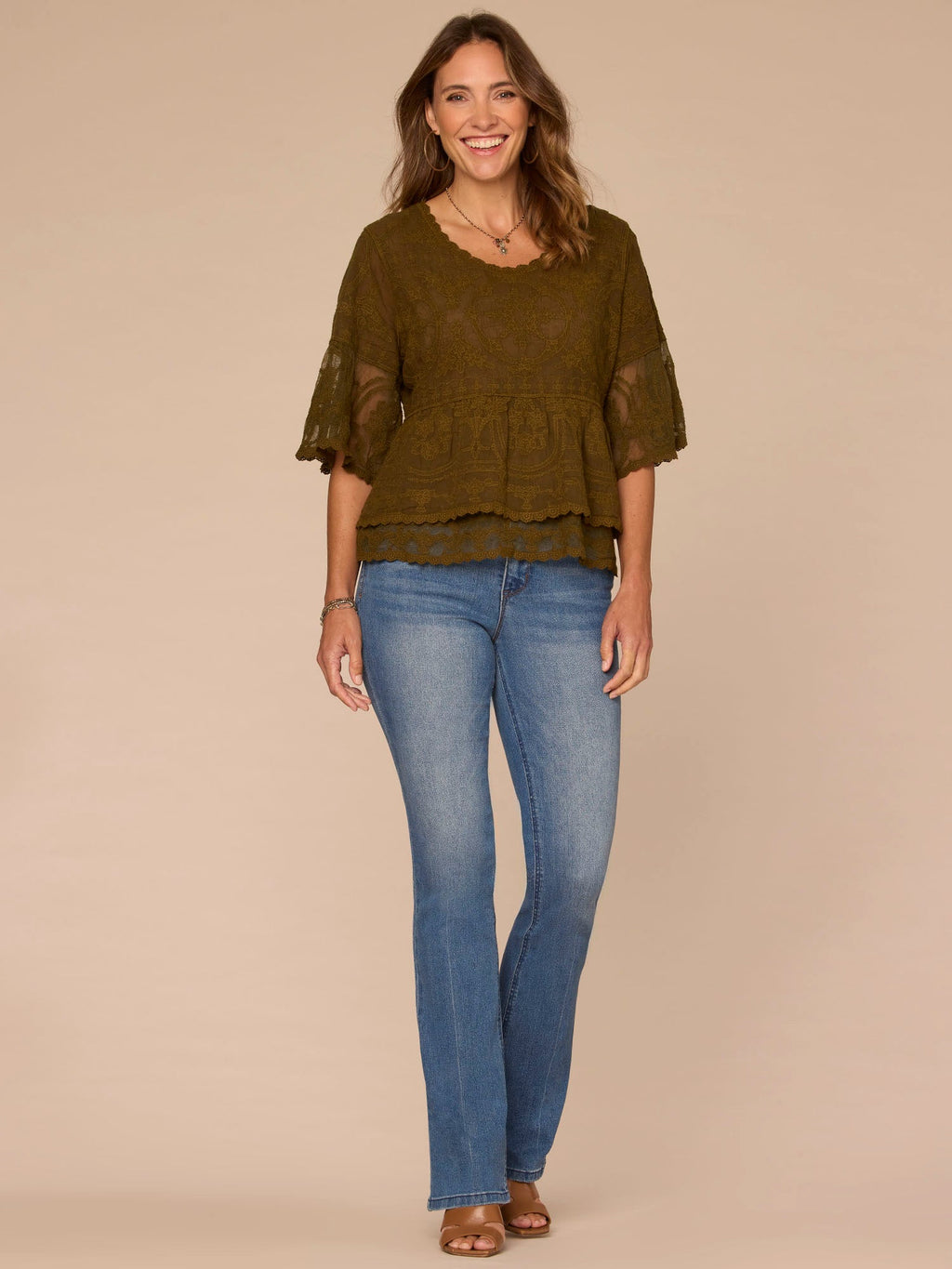 Bell Sleeve Scoop Neck Double Flounce Peplum Petite Hem Woven Top