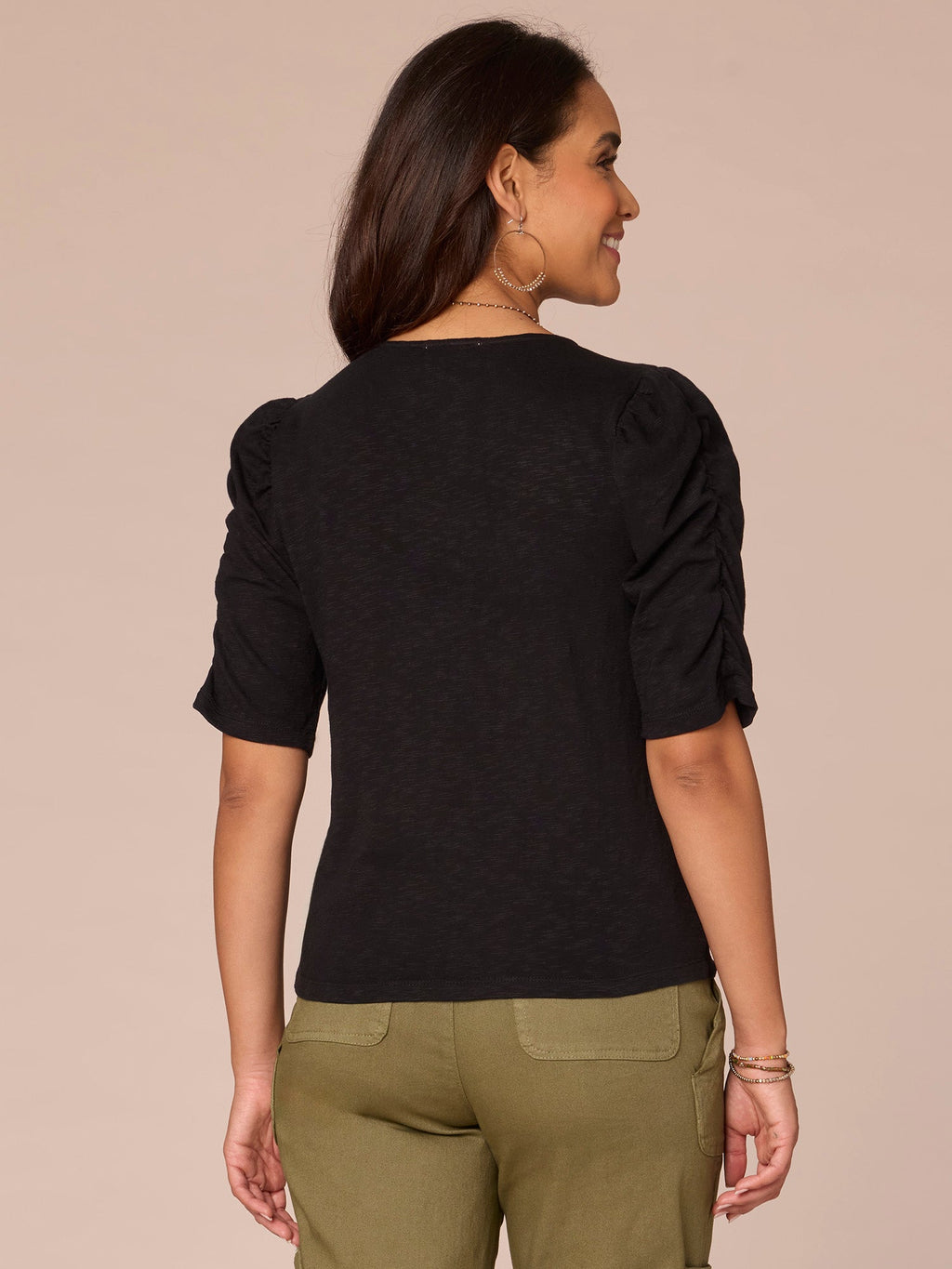 Elbow Shirred Puff Sleeve V-Neck Ruched Front Knit Top