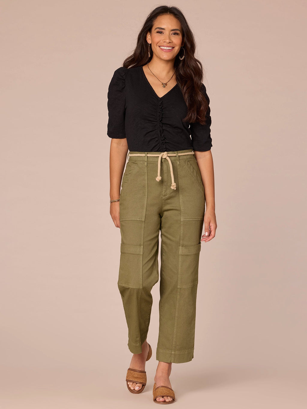 Elbow Shirred Puff Sleeve V-Neck Ruched Front Knit Top