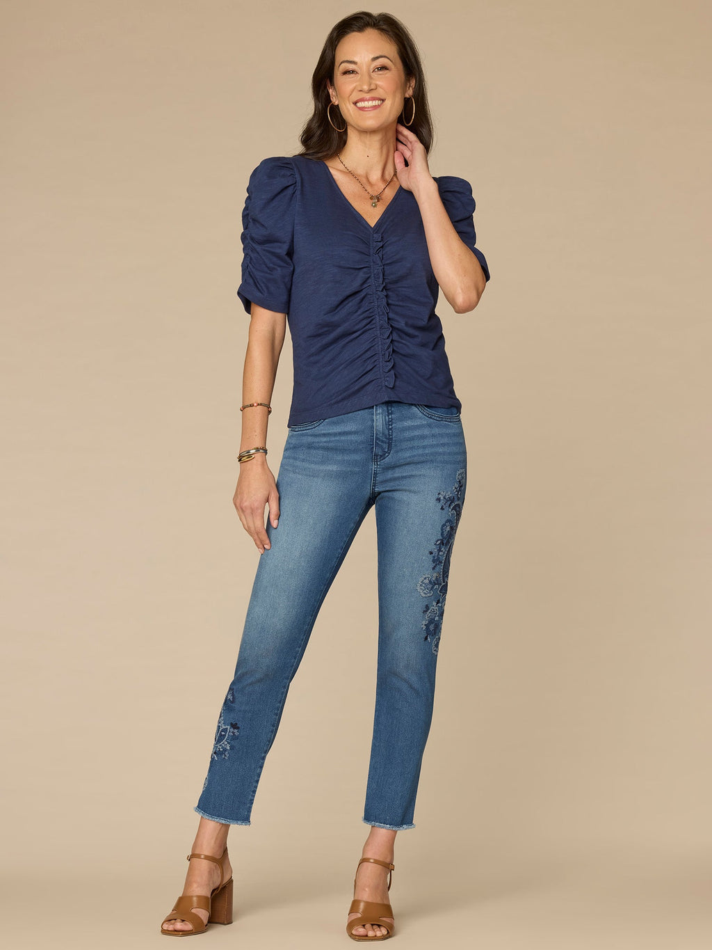 Elbow Puff Sleeve V-Neck Ruched Front Petite Knit Top