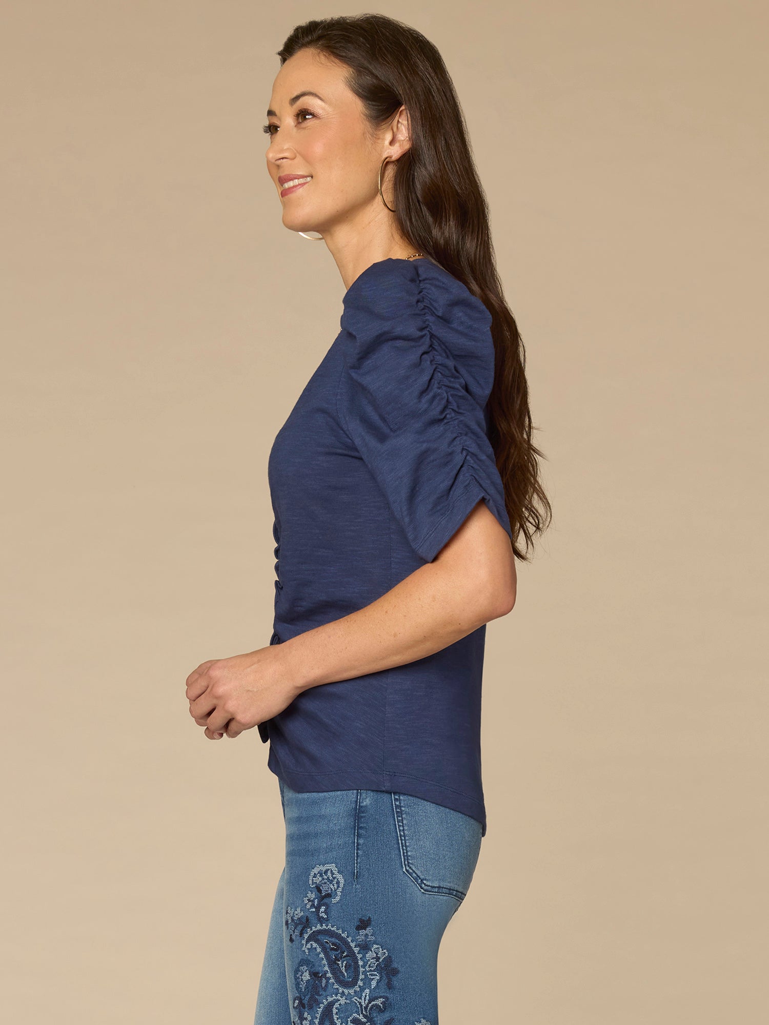 Elbow Puff Sleeve V-Neck Ruched Front Petite Knit Top