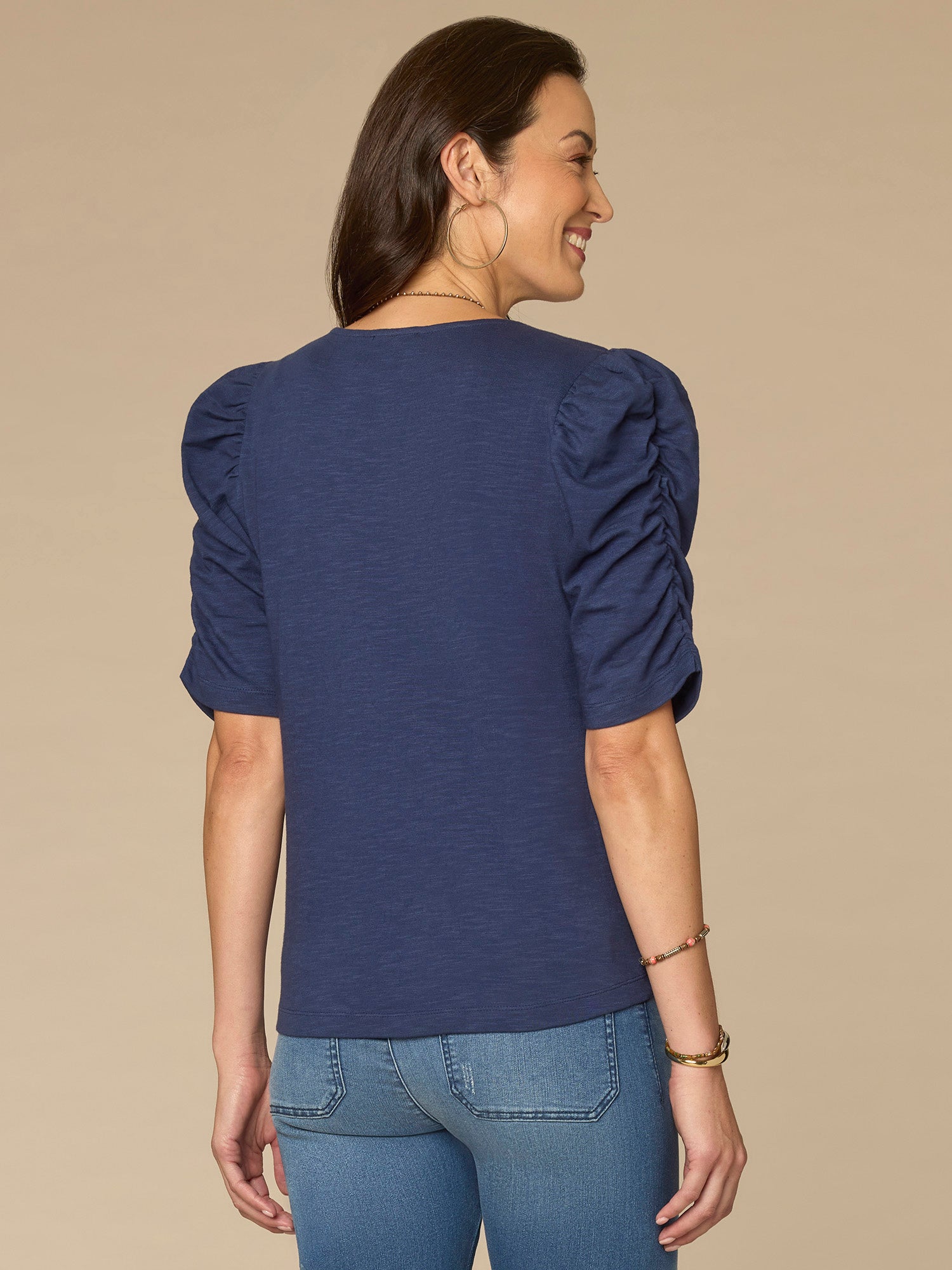 Elbow Shirred Puff Sleeve V-Neck Ruched Front Knit Top
