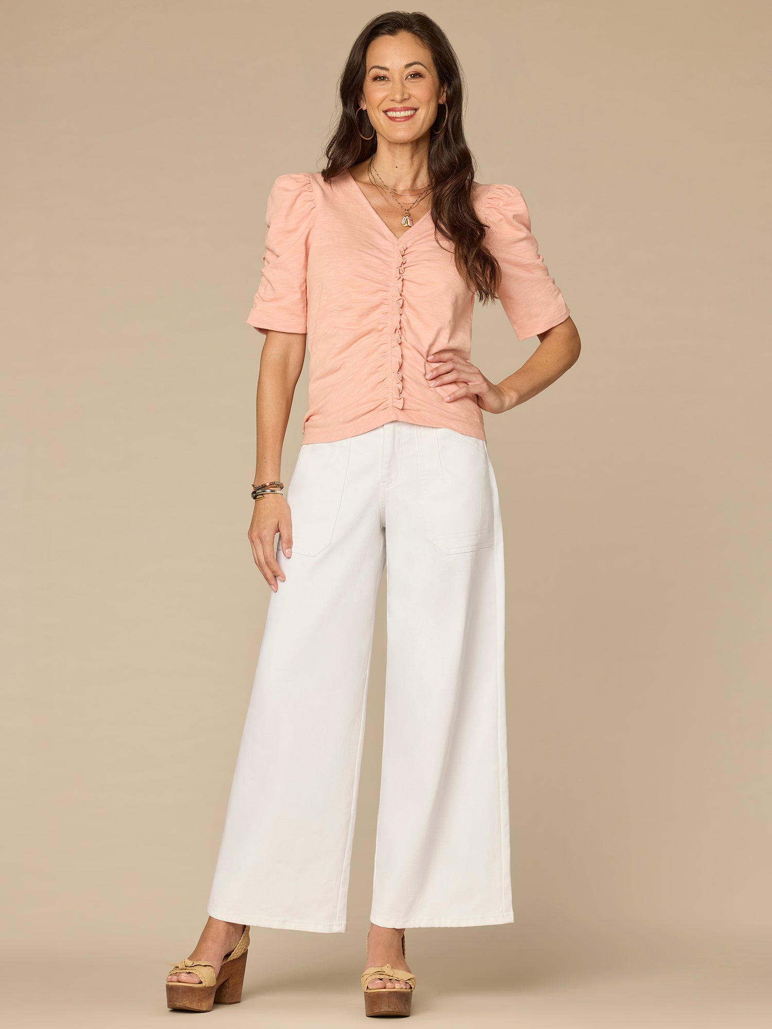 Elbow Puff Sleeve V-Neck Ruched Front Petite Knit Top