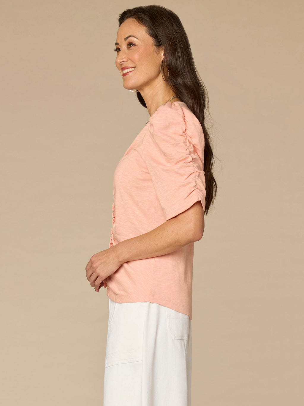 Elbow Puff Sleeve V-Neck Ruched Front Petite Knit Top