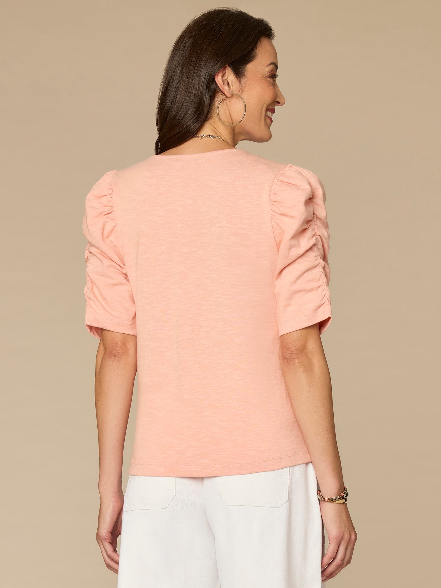 Elbow Puff Sleeve V-Neck Ruched Front Petite Knit Top