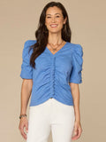 Elbow Shirred Puff Sleeve V-Neck Ruched Front Knit Top
