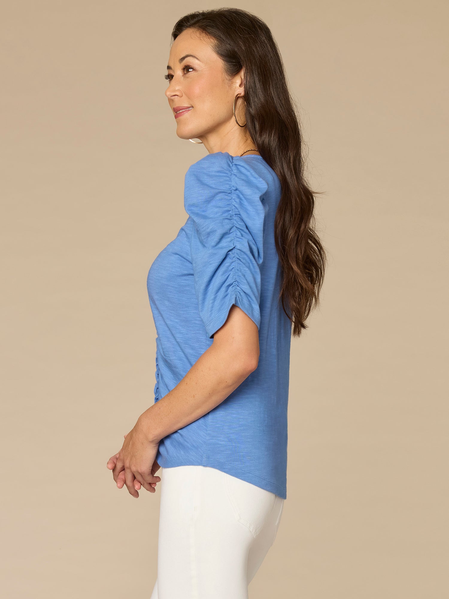 Elbow Shirred Puff Sleeve V-Neck Ruched Front Knit Top