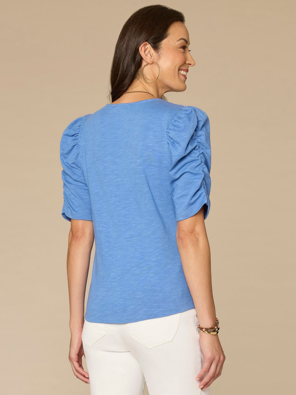 Elbow Shirred Puff Sleeve V-Neck Ruched Front Knit Top