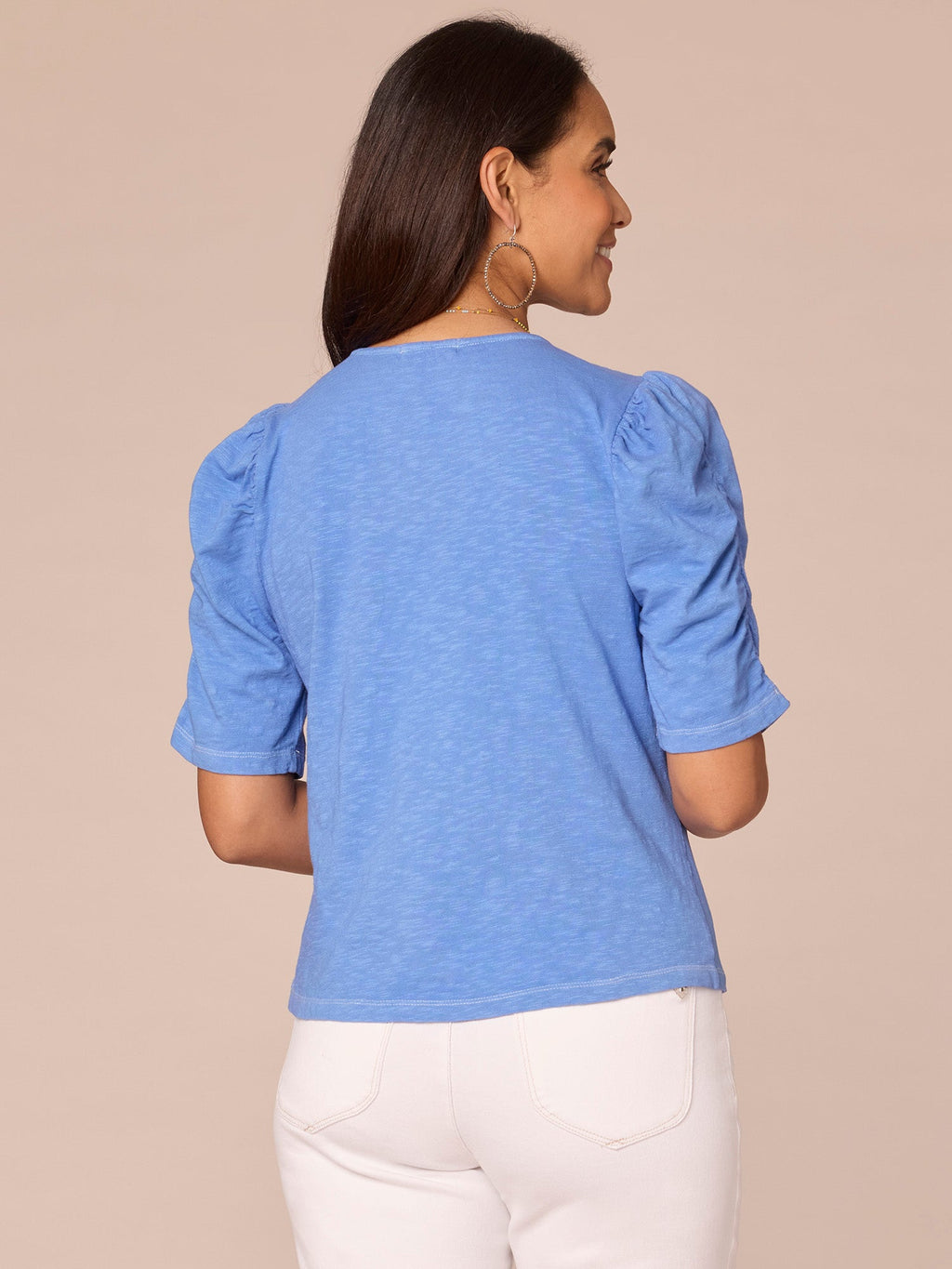 Elbow Puff Sleeve V-Neck Ruched Front Petite Knit Top