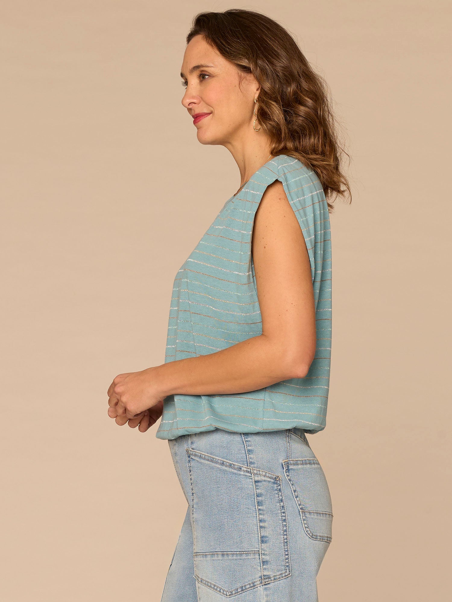 Extended Origami Cap Sleeve Scoop Neck Metallic Stripe Knit Top