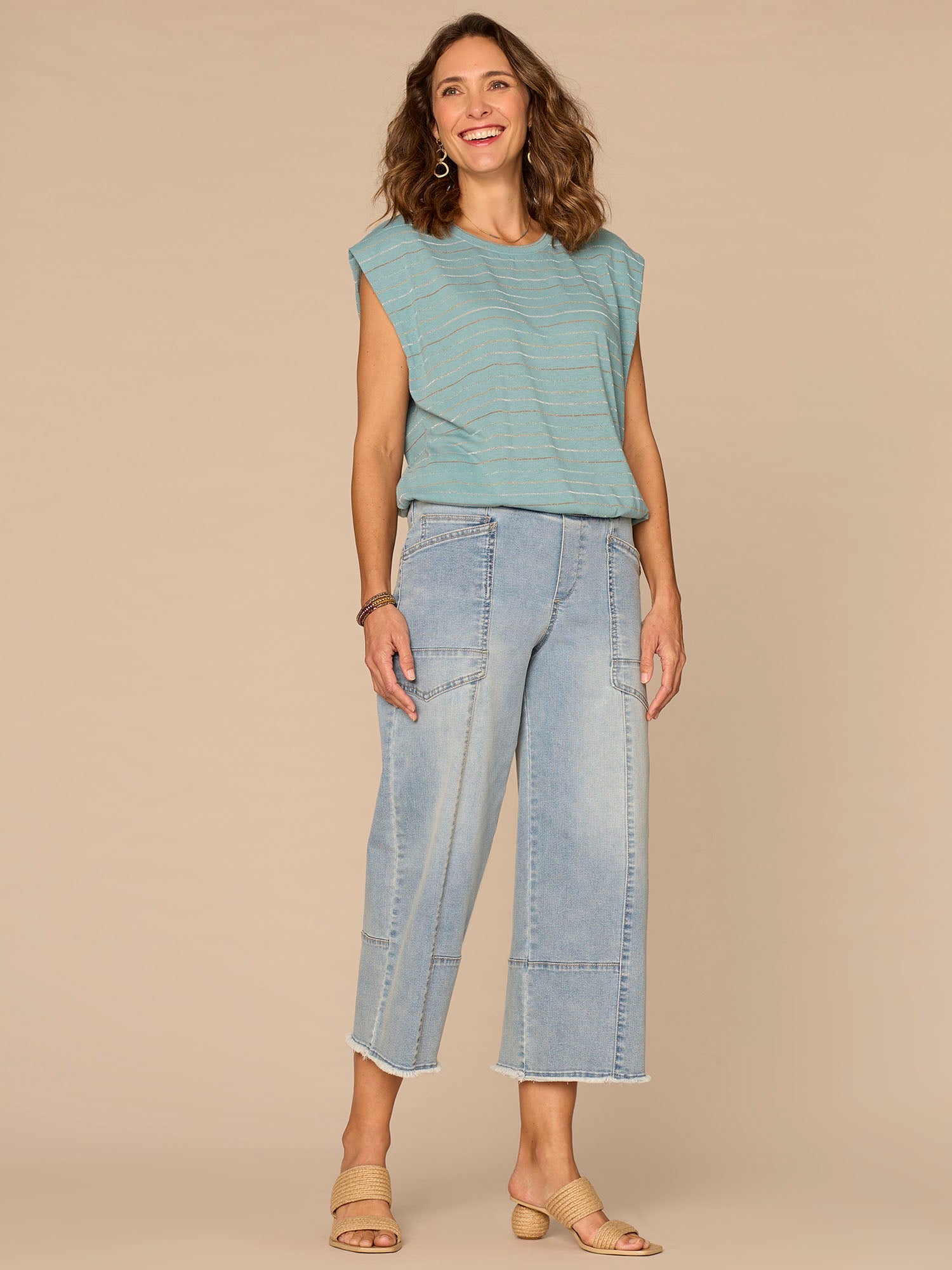 Extended Origami Cap Sleeve Scoop Neck Metallic Stripe Knit Top