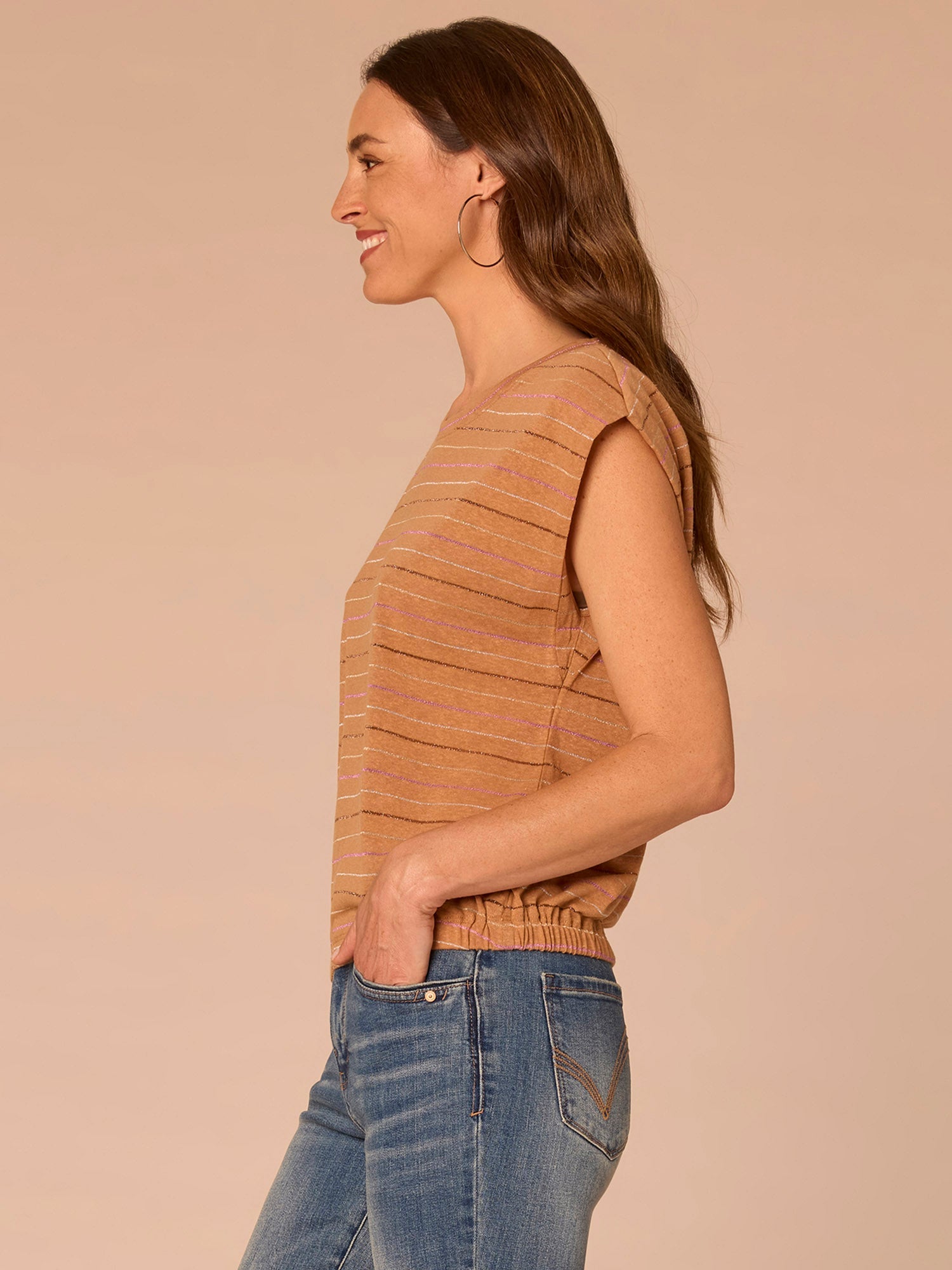 Extended Origami Cap Sleeve Scoop Neck Metallic Stripe Knit Top