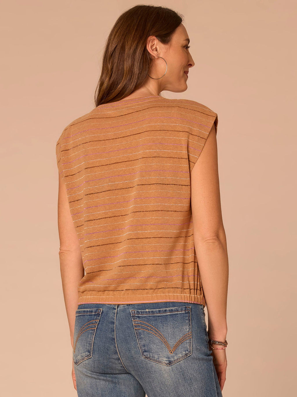 Extended Origami Cap Sleeve Scoop Neck Metallic Stripe Knit Top