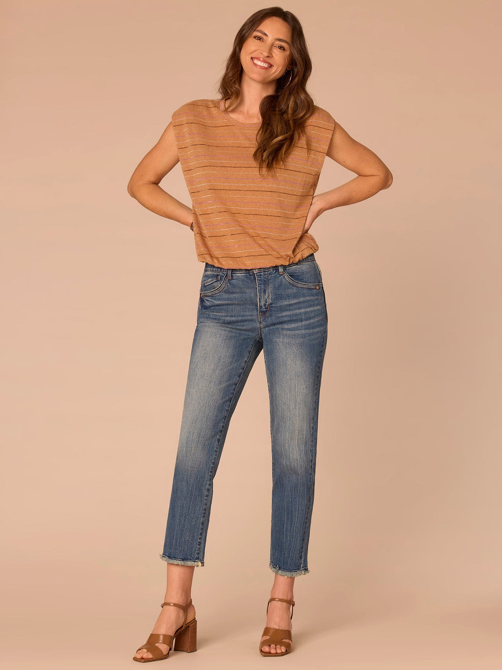 Extended Origami Cap Sleeve Scoop Neck Metallic Stripe Knit Top