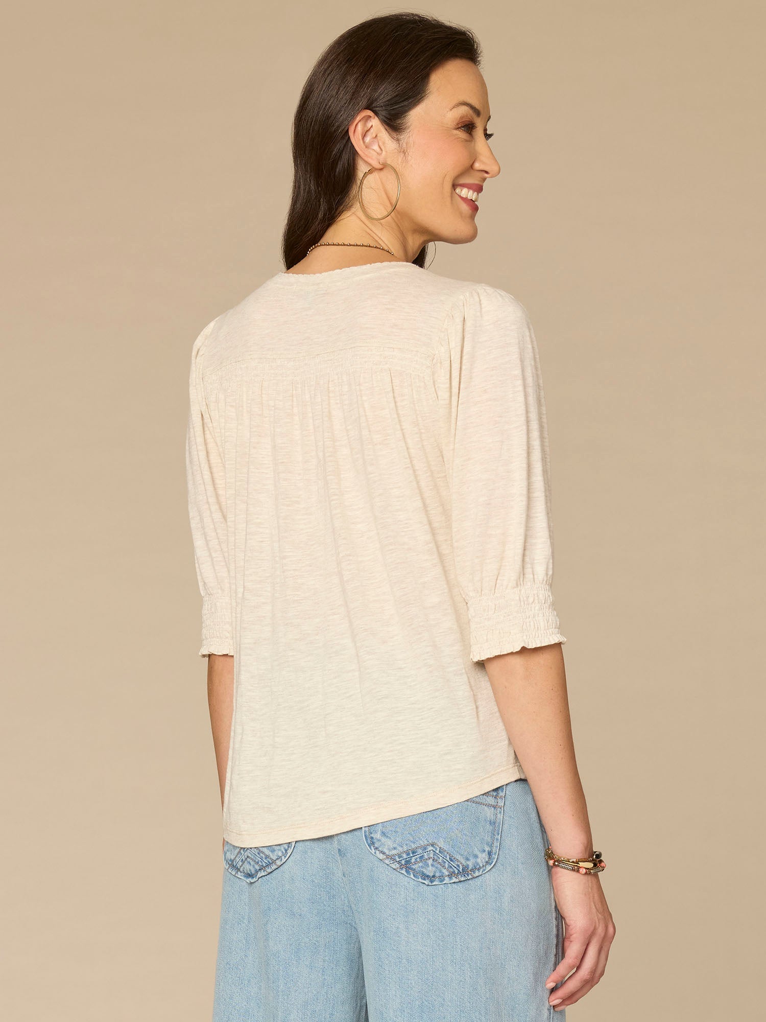 Elbow Blouson Sleeve Scallop V-Neck Smocked Knit Top