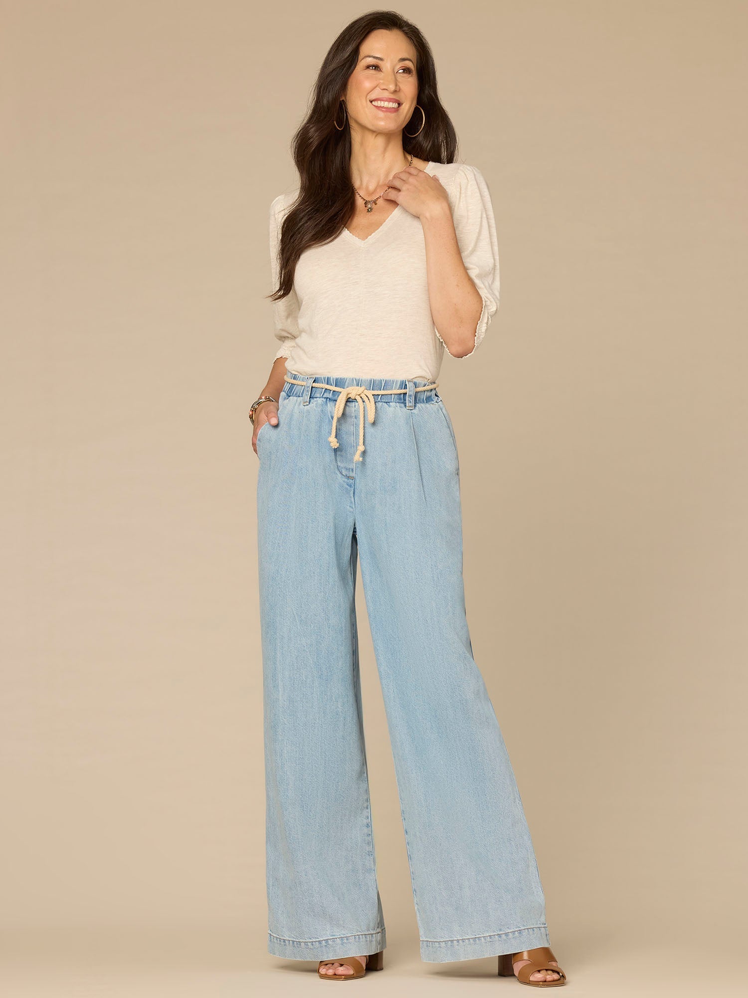 Elbow Blouson Sleeve Scallop V-Neck Smocked Knit Top