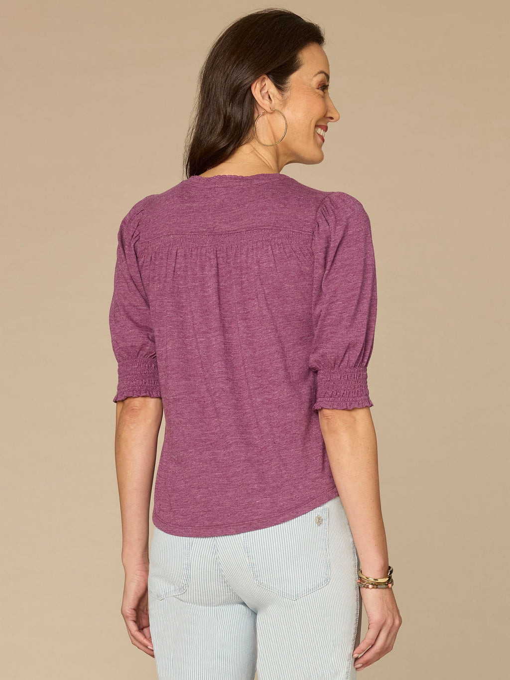Elbow Blouson Sleeve Scallop V-Neck Smocked Petite Knit Top