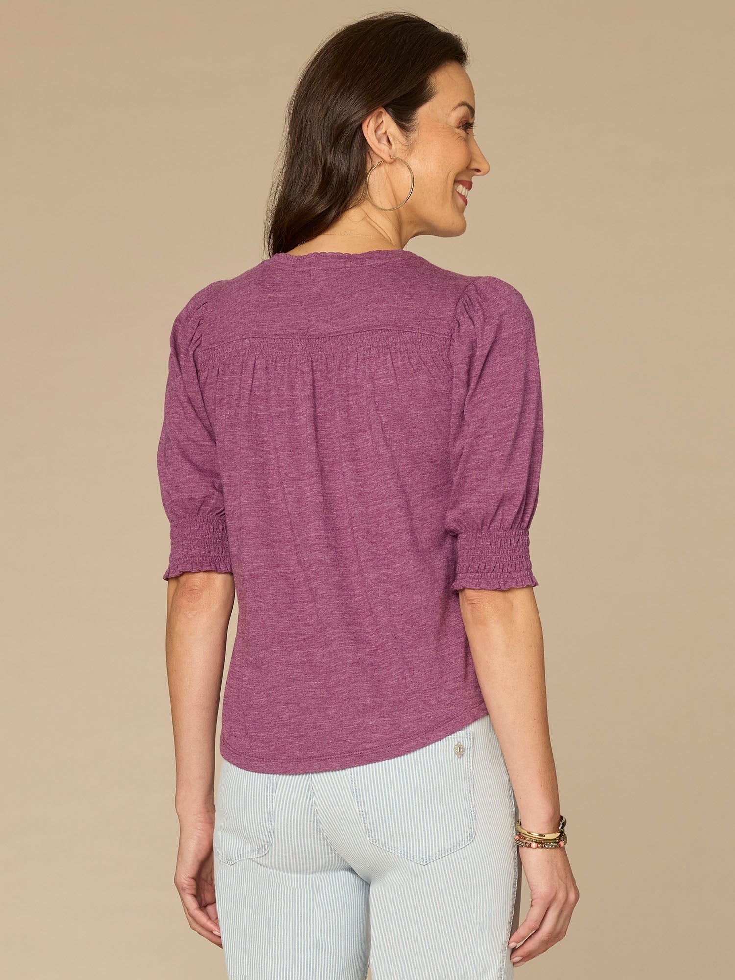 Elbow Blouson Sleeve Scallop V-Neck Smocked Petite Knit Top