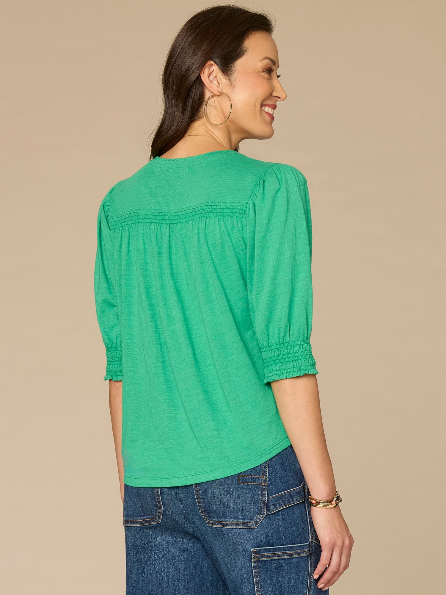 Elbow Blouson Sleeve Scallop V-Neck Smocked Knit Top