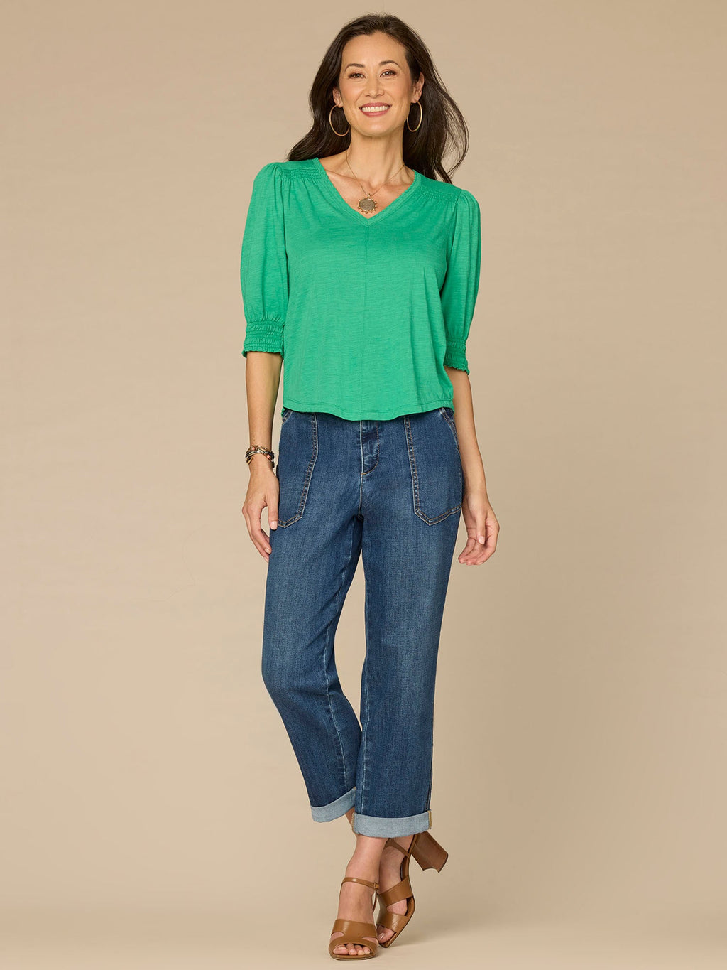 Elbow Blouson Sleeve Scallop V-Neck Smocked Petite Knit Top