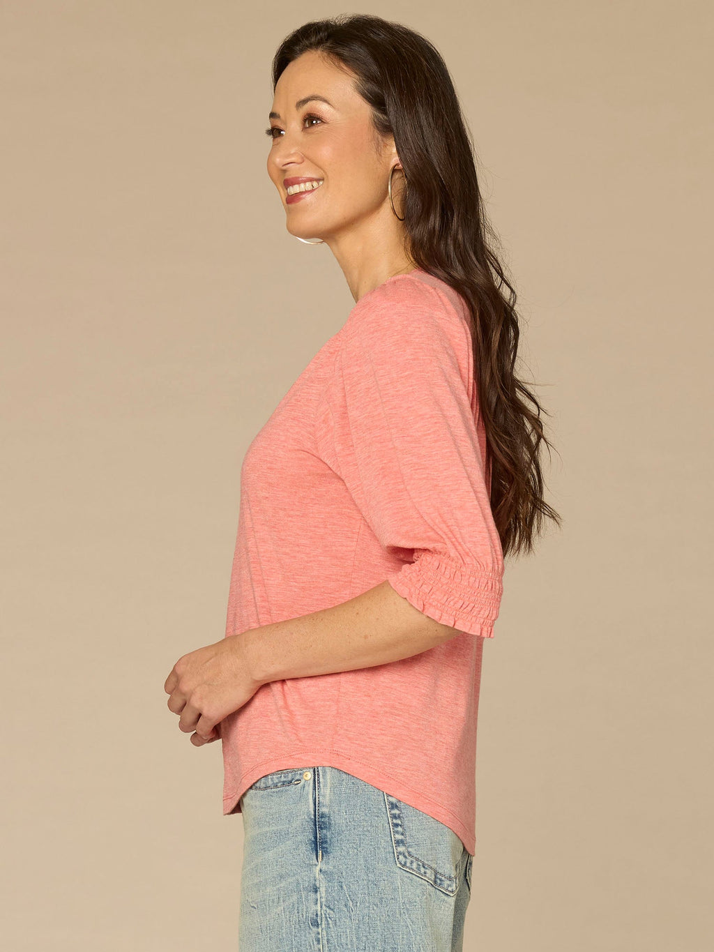 Elbow Blouson Sleeve Scallop V-Neck Smocked Petite Knit Top