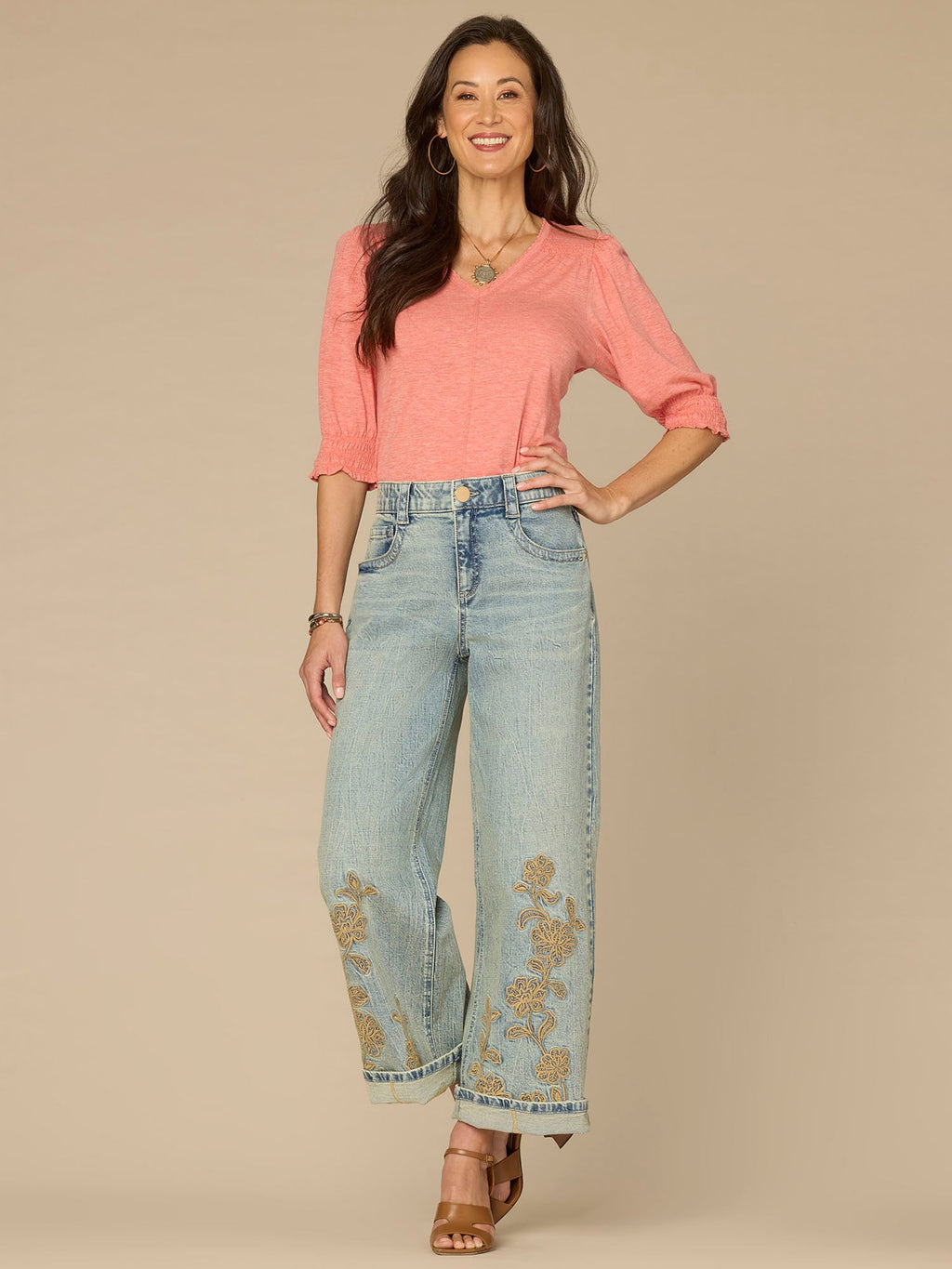 Elbow Blouson Sleeve Scallop V-Neck Smocked Knit Top
